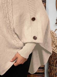 Women's Solid Color Knitted Button High Neck Batwing Long Sleeve Cape Style Fitted Elegant Sweater, Autumn/Winter - Apricot - View 4