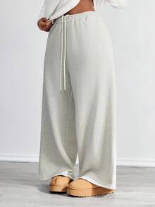 SHEIN PETITE CURVE 大码秋冬新款保暖内衬厚款休闲百搭高腰松紧腰宽松阔腿运动裤 - 灰色 - 查看 3