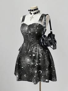 Sunspun New Fashionable Versatile Holiday Fantasy Starry Sky Print Patchwork Ruffle Tie-Up Waist Decor Zipper Front Cami Dress With Mini Skirt For Women