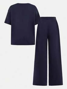 SHEIN 少女春夏街头，基本日常百搭纯黑色针织圆领休闲宽松短袖撞色T恤和宽松裤，适合各种运动场合，返校季，度假，学院风，复活节，音乐节，毕业季，家庭聚会 - 藏蓝色 - 查看 3