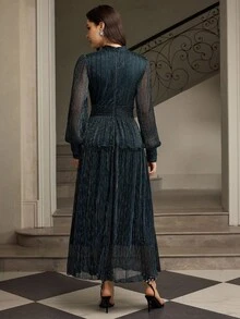 ZEYLAH 女式立领长袖亮面褶腰A字连衣裙，优雅秋冬装 - 藍色 - 查看 3