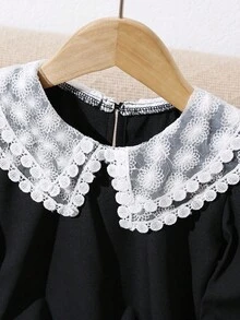 女孩优雅蕾丝边刺绣双层彼得潘领长袖休闲公主衬衫，适合度假、旅行、派对、生日礼物，春秋季 - 黑色 - 查看 4