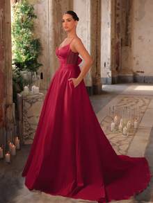 Glamrae Elegant White Minimalist Satin Slip V-Neck Backless Bowknot Adjustable Straps Side Pockets Extra Large Train A-Line Wedding Dress