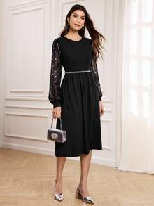 Miaspire 女士优雅亮片刺绣连衣裙，适合秋冬季优雅派对场合 - 黑色 - 查看 4