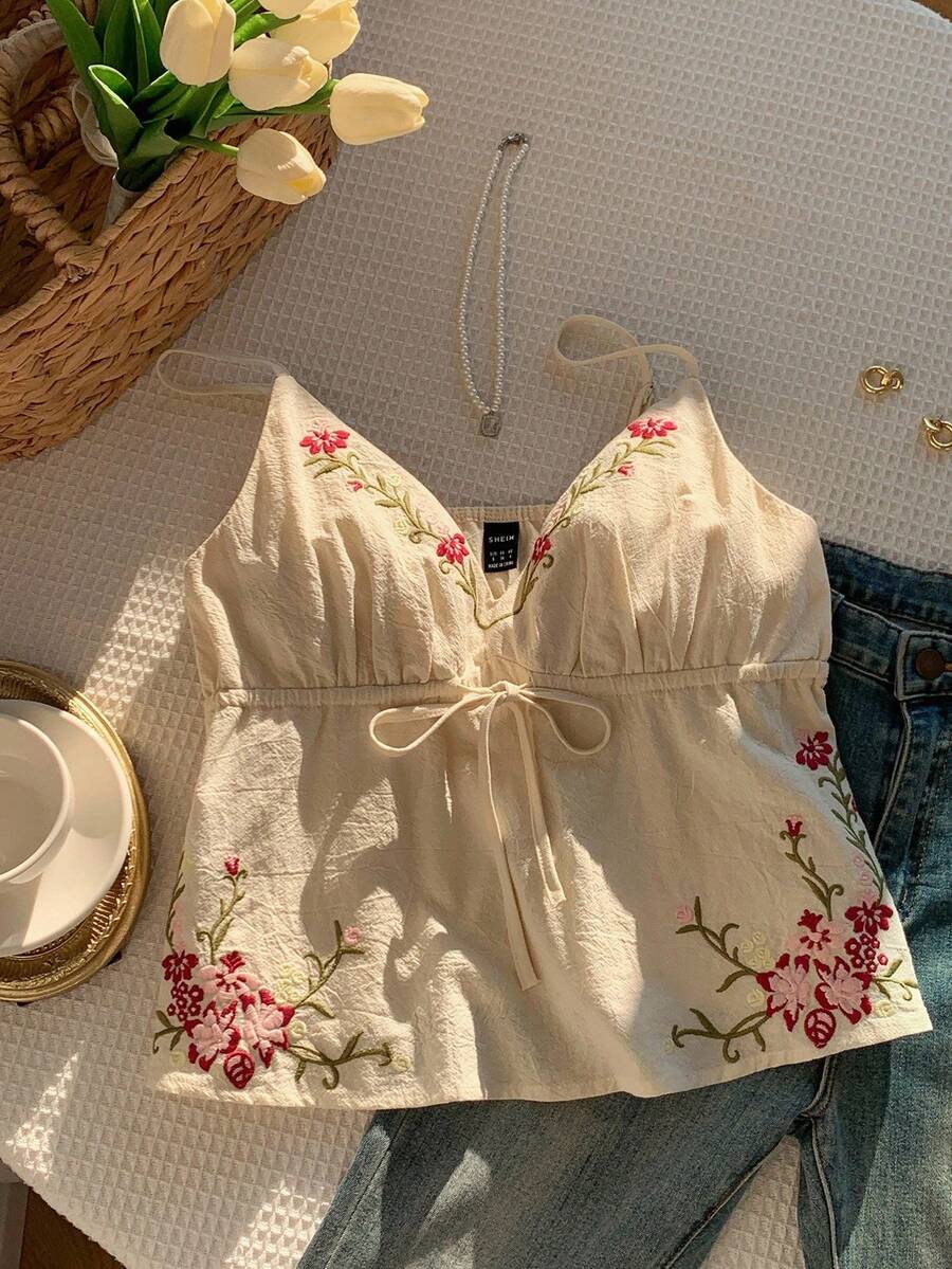 SHEIN EZwear Đai lưng thêu hoa giản dị cho kỳ nghỉ - Màu be - Xem 1
