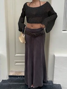 Sunnyshic Casual Versatile Vacation Style Solid Color Cropped Lightweight Off Shoulder Sweater