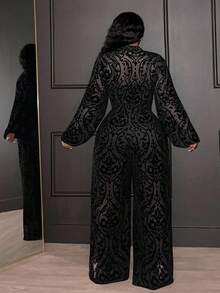 Veslaya Bộ quần ống rộng và áo sơ mi lưới mỏng gợi cảm dự tiệc cỡ lớn thanh lịch mới 2025 - màu đen - Xem 2