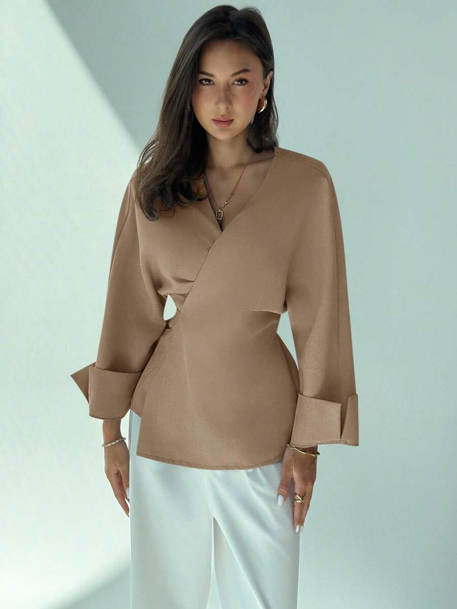 Aloruh Women's Solid Color Cross-Wrap Long Sleeve Fashionable Waist Shirt