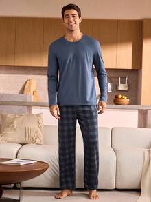 Manfinity Underwear&Sleepwear Basics 男士纯色圆领长袖上衣和格子裤睡衣套装，格子家居服，男士睡衣，秋冬服装 - 寶藍色 - 查看 3