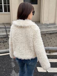 少女街头风格基础款休闲奢华派对仿毛领保暖厚外套，秋冬 - 白色 - 查看 3