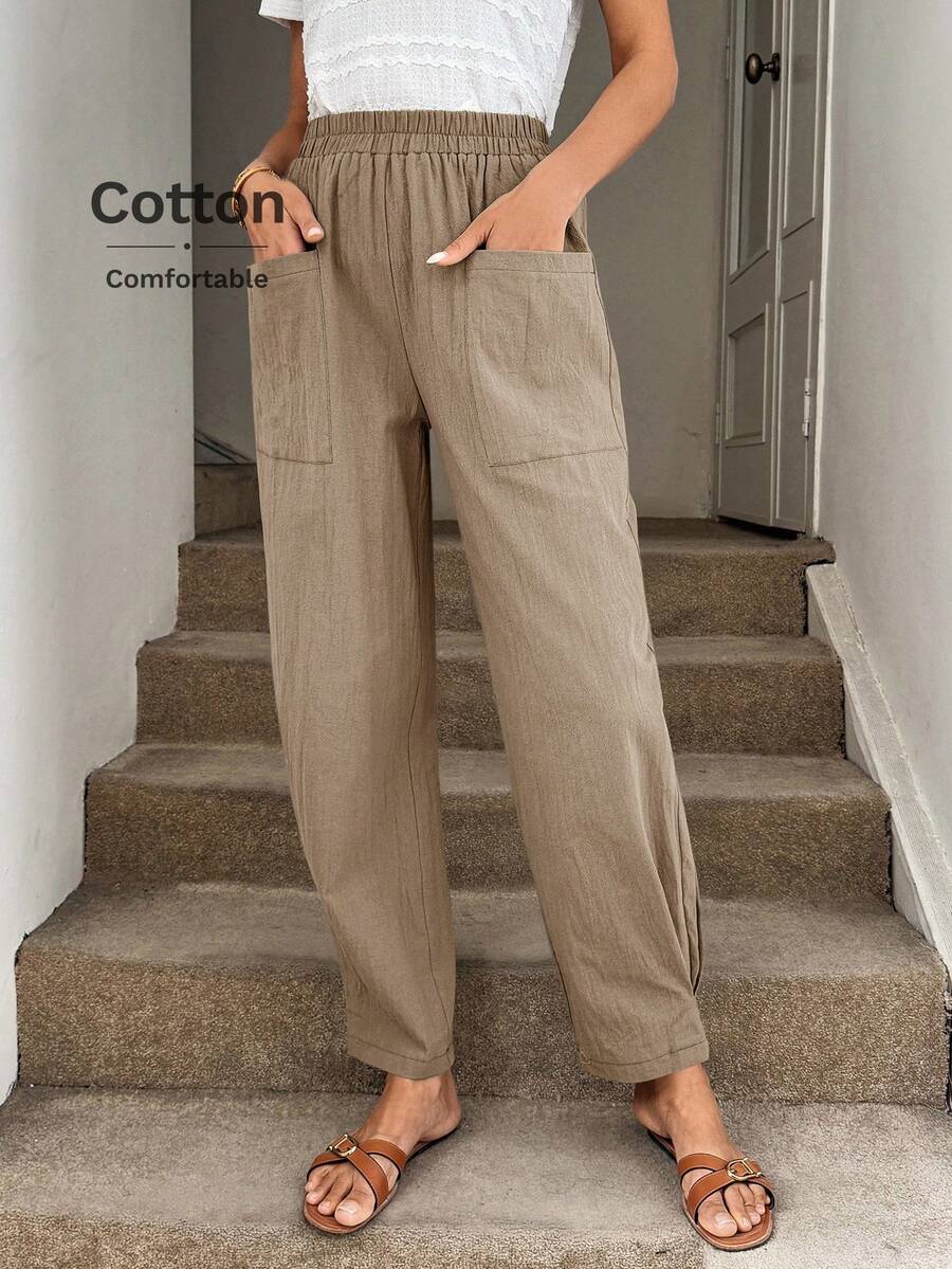 SHEIN LUNE Women's Green Cotton Casual Comfortable Pants With Pockets, Spring/Summer