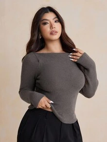 Dazy Plus 大码女式优雅纯色露肩套头毛衣，适合派对、秋季 - 深灰色 - 查看 7