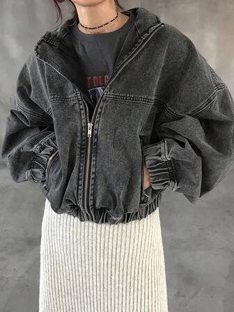 FRIFUL Women's Solid Color Zip-Up Long Sleeve Denim Jacket And Coat Hoodie