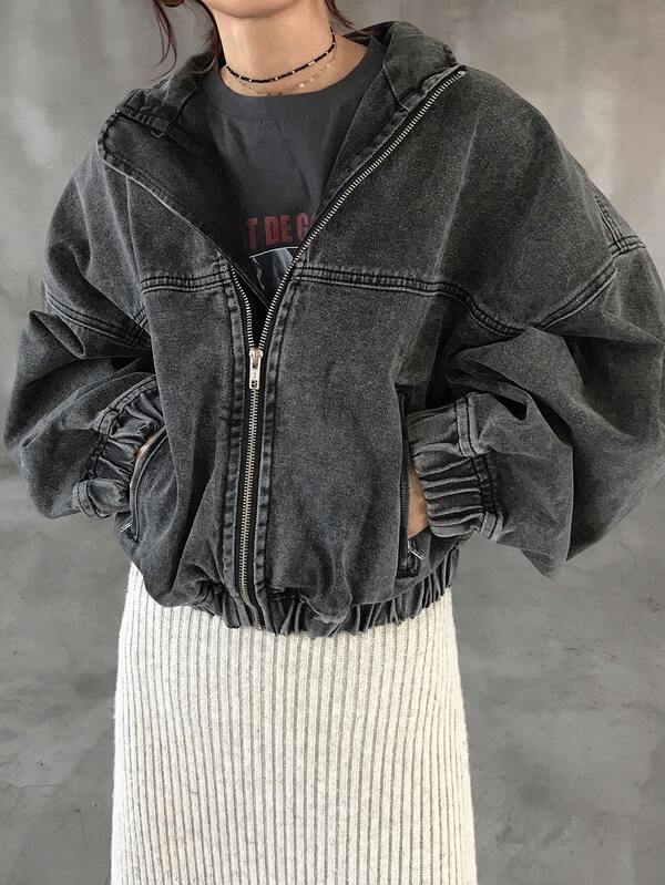 FRIFUL 女士纯色拉链长袖牛仔外套连帽衫