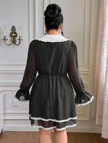 Flirla Plus Size Women's Chiffon Polka Dot Ruffle Splice Contrast Color Peter Pan Collar Dress, Party - Black - View 2