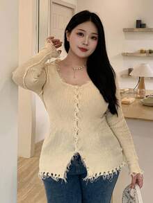 Dazy Plus Cardigan da donna con scollo a V, taglio slim, maniche lunghe, con patchwork e frange, taglia comoda, adatto per primavera/autunno - Albicocca - Visualizzare 7
