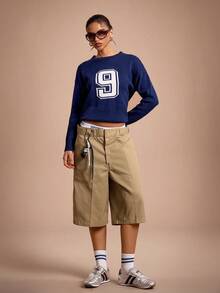 SHEIN Sports Áo len dài tay cổ tròn dáng rộng màu tương phản dành cho nữ - Màu xanh lam - Xem 6