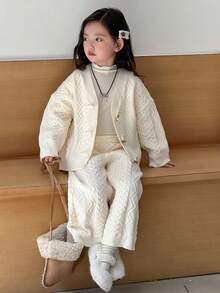 Dazy Kids Young Girls Cable Knit Twist Solid Color Casual Cardigan & Casual Knit Pants Sweater Set - Apricot - View 4