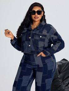 SHEIN SXY Áo khoác ngắn tay denim màu xanh dương không co giãn dành cho nữ cỡ lớn mùa đông, kiểu cao bồi mùa hè. - Rửa tối - Xem 6