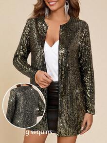 Amorya Women's Fashionable Sequin Regular Jacket For Party In Fall/Winter - Gold - View 1
