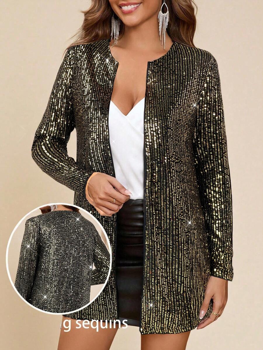 Amorya Women's Fashionable Sequin Regular Jacket For Party In Fall/Winter - Gold - View 1
