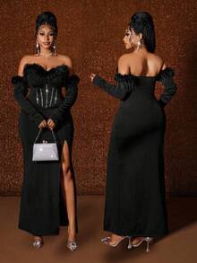 Maweii Vestido de hombros descubiertos para mujer de talla grande, con adorno de peluche sintético y rhinestones, abertura sexy, elegante para fiesta, cumpleaños, uso diario, color negro - Negro - Ver 3