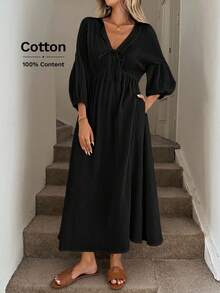 Easowa Sukienka damska długa, luźna, do pracy w stylu vintage, z dekoltem w serek, wiązaniem w talii i kokardą, z rozszerzanymi rękawami i plisowaną talią w kształcie litery A, z podwójną warstwą krepy, z bawełny pochodzenia naturalnego