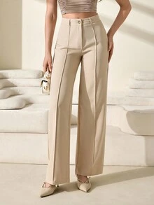 CLARA VERO Women's Solid Color High Waist Toothpick Stripe Design Straight Leg Casual Office Pants - Beige - View 6