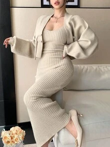 DAZY Bộ đồ 2 món thanh lịch, áo len tay cánh dơi cài nút cho nữ, màu trơn, mùa thu - Màu be - Xem 4