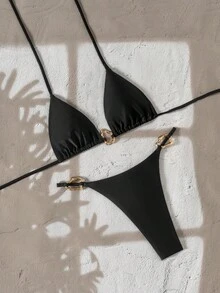 Swim Chiccia Bộ bikini tam giác màu đen hở lưng hở lưng gợi cảm thời trang nữ, màu trơn, đi biển mùa hè - màu đen - Xem 5