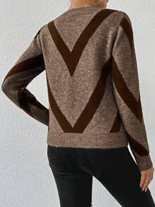 SHEIN LUNE 2024秋冬新款几何条纹套头毛衣棕色条纹毛衣秋季毛衣女毛衣棕色毛衣 - 彩色 - 查看 2