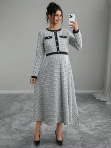 Momance 2 pièces Ensemble de maternité : Top court à manches longues imprimé à carreaux et mini-jupe