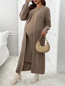 SHEIN 孕妇纯色圆领无袖合身麻花针织毛衣套装 - 卡其色 - 查看 4