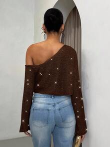 SHEIN BAE 秋冬女款闪亮斜肩长袖针织上衣 - 咖啡棕 - 查看 2