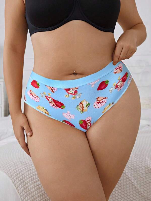 Strawberry Shortcake X SHEIN 3 sztuki wygodnych majtek w rozmiarze plus size z uroczym nadrukiem w postaci portretu z kreskówki i truskawek