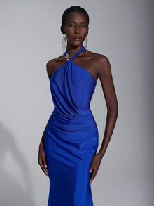 Elitara 优雅、时尚、简约、反乌托邦风格、深海蓝色、针织面料、金属扣、褶饰腰部设计、女士晚礼服、网眼连衣裙、正式连衣裙 - 藍色 - 查看 4