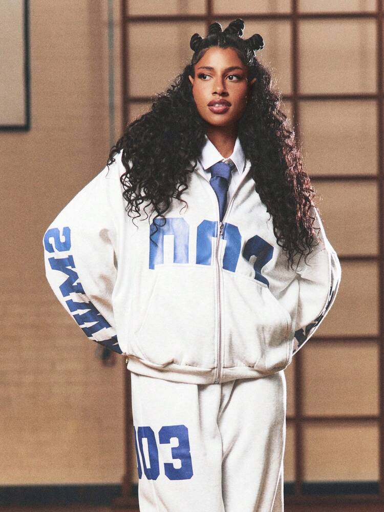 SUMWON WOMEN Wide Leg Jogger Sweatpants With Varsity Numbers Graphics