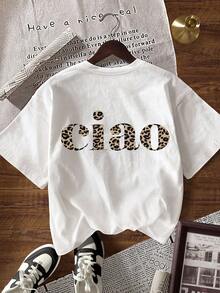 Glissea T-shirt décontracté polyvalent pour femmes avec imprimé léopard et lettres, col rond, manches courtes - Blanc - Voir 6