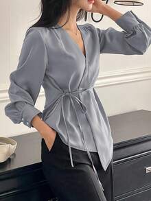DAZY Elegant French Style V-Neck Tie-Waist Slim Fit Blouse For Mature Women Long Sleeve Top