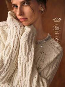 MOTF PREMIUM AUTUMN/WINTER HOLLOW OUT DISTRESSED RHINESTONE SWEATER, LOOSE CREW NECK TOP