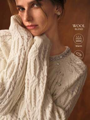 MOTF PREMIUM AUTUMN/WINTER HOLLOW OUT DISTRESSED RHINESTONE SWEATER, LOOSE CREW NECK TOP