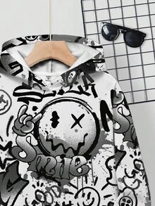 SHEIN Casual Minimalist Cartoon Pattern Dropped Shoulder Sweatshirt For Teen Boys, Suitable For Autumn/Winter Fall - Multicolor - View 3