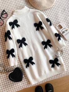 SHEIN 少女蝴蝶结装饰高领长袖休闲针织连衣裙，秋冬 - 黑與白 - 查看 5