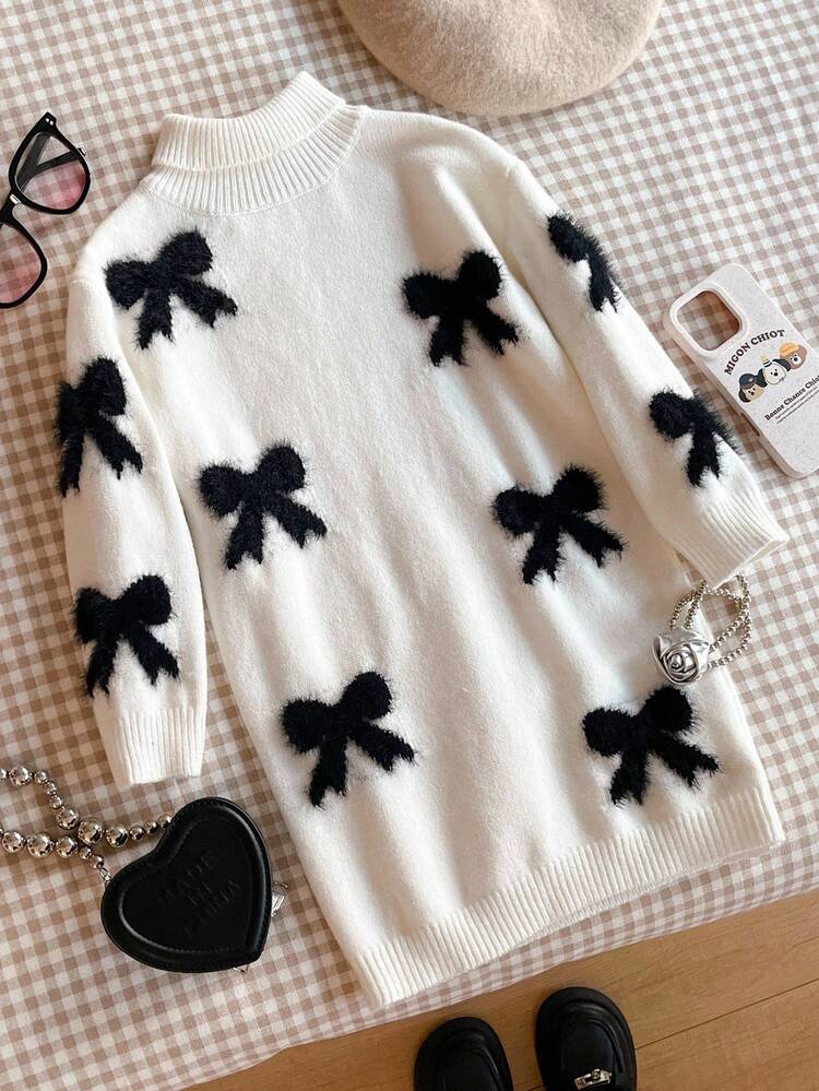 SHEIN Stickad klänning med polotröja och lång ärm för ung flicka, höst/vinter - Svart och Vitt - Visa 5