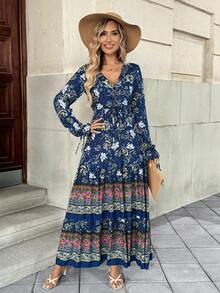 EMERY ROSE 花卉索环孔眼系带荷叶边下摆连衣裙 超长度假海滩装 女款 - 藍色 - 查看 7