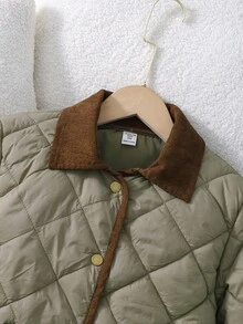 SHEIN 1 件女童菱形灯芯绒拼布领复古棉服外套，适合秋冬季 - 軍綠色 - 查看 3