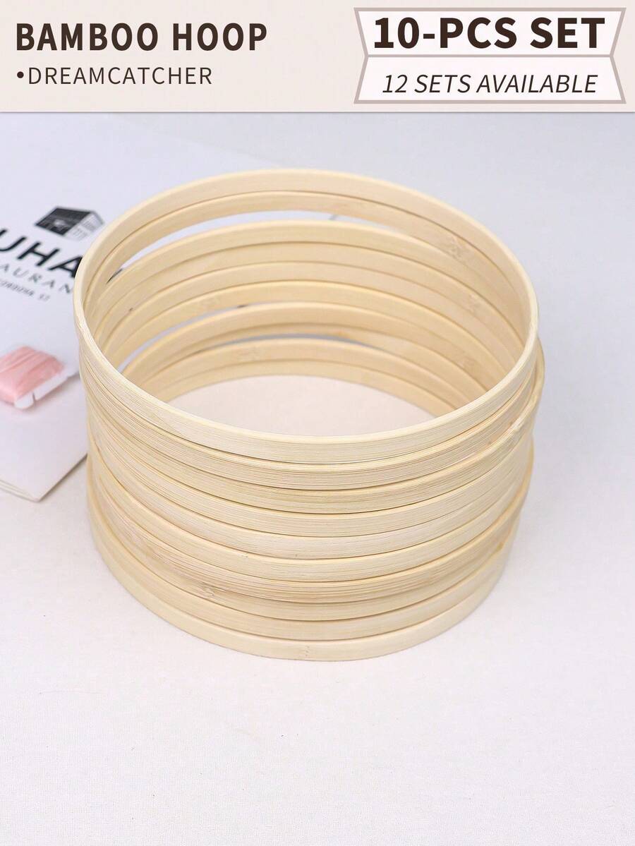 10 件卡其色竹捕梦网环、户外草坪婚礼羽毛装饰环、万圣节、圣诞节等节日森系风铃挂饰、卧室墙壁装饰竹环、编织绣花环工艺配件 - 卡其色 - 查看 1