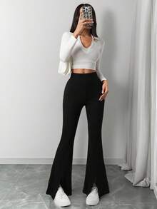 SHEIN 青少年女孩休闲喇叭裤，侧开衩，百搭别致学院风长裤