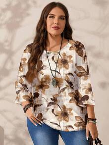 Mellowie Áo sơ mi cổ tròn tay 3/4 in họa tiết tối giản giản dị cỡ lớn, phù hợp cho mùa thu/đông - Nhiều màu - Xem 7