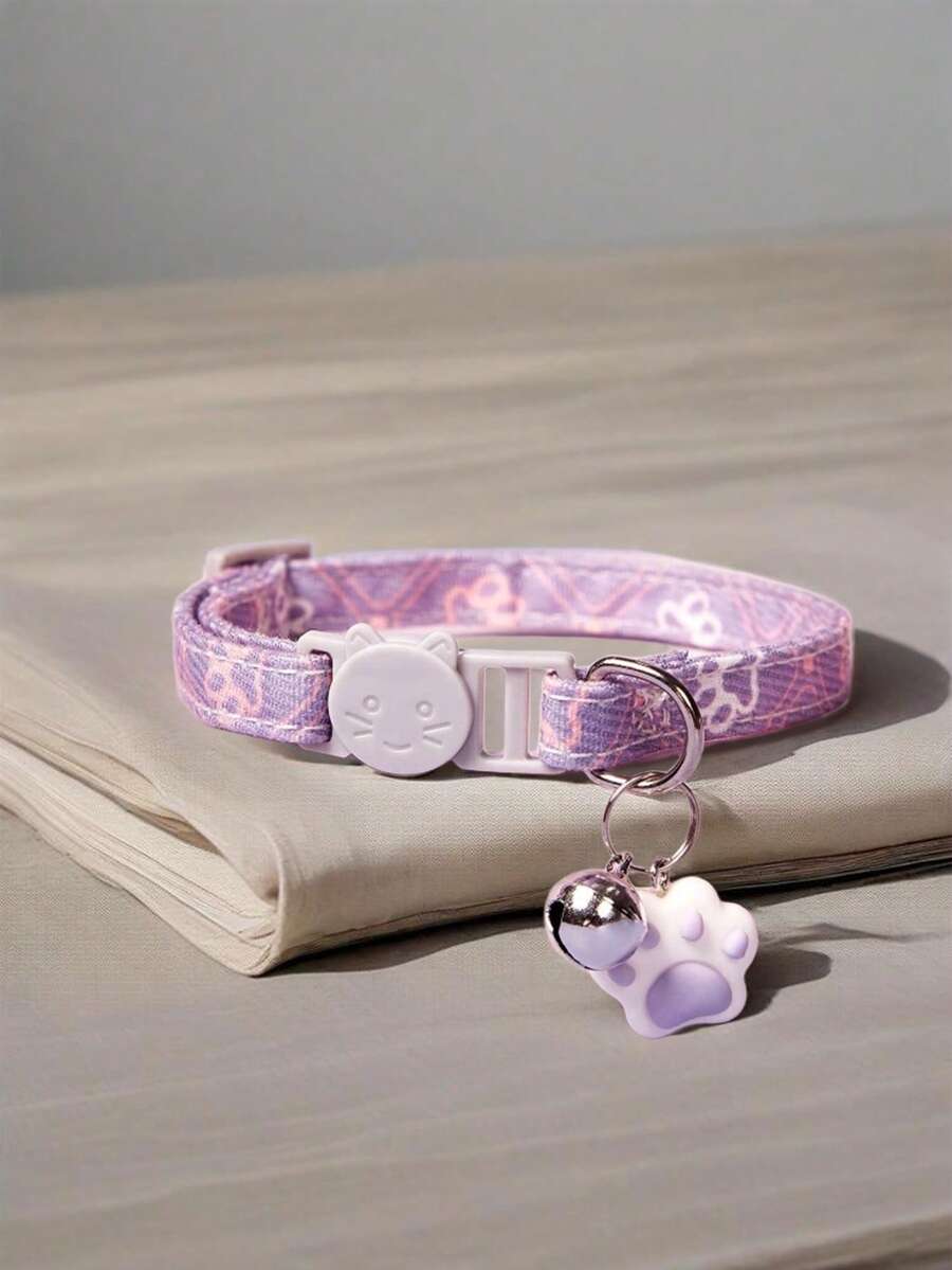 Zazumi 宠物项圈，适用于猫和中小型犬，带有可爱的猫脸和爪印图案，带铃铛设计 - 彩色 - 查看 1